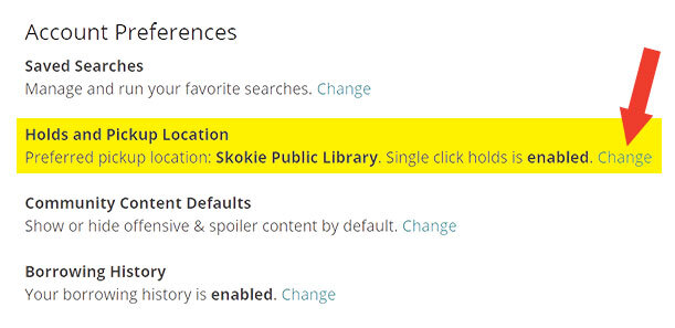Screenshot of the account preferences panel in the library catalog