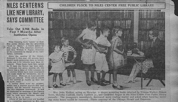 A scan of a newspaper clipping from 1930 showing a photograph of a line of children returning books to a seated librarian in the newly founded Niles Center Free Public Library.