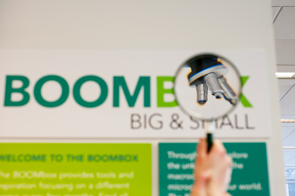 BOOMbox Big and Small banner with a microscope