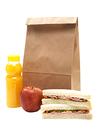 A brown bag with a bottle of orange juice, an apple, and a sandwich placed around it.