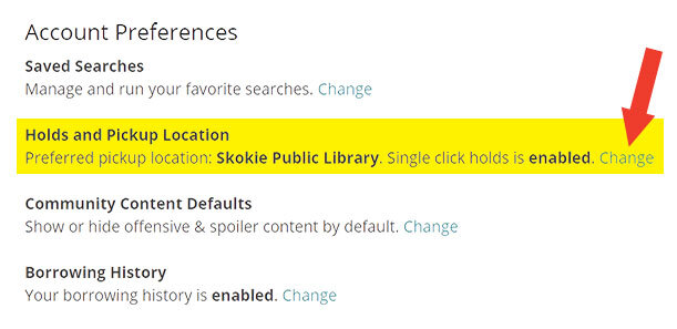 Screenshot of account preferences dashboard in the library catalog user account