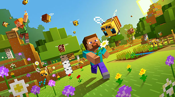 Image of a Minecraft character running through a field of flowers with bees.