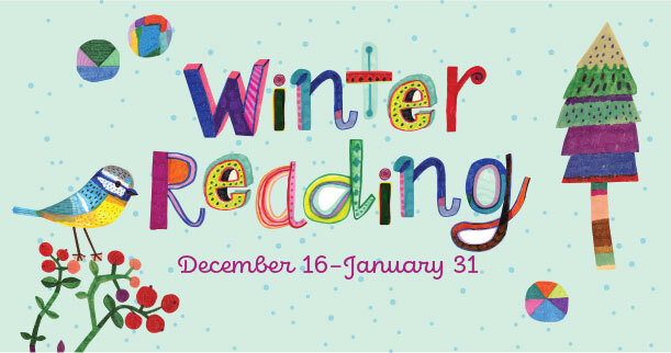 An illustration of a colorful bluebird perched on holly berries, an evergreen tree, and the words: "Winter Reading December 16-January 31" in colorful script