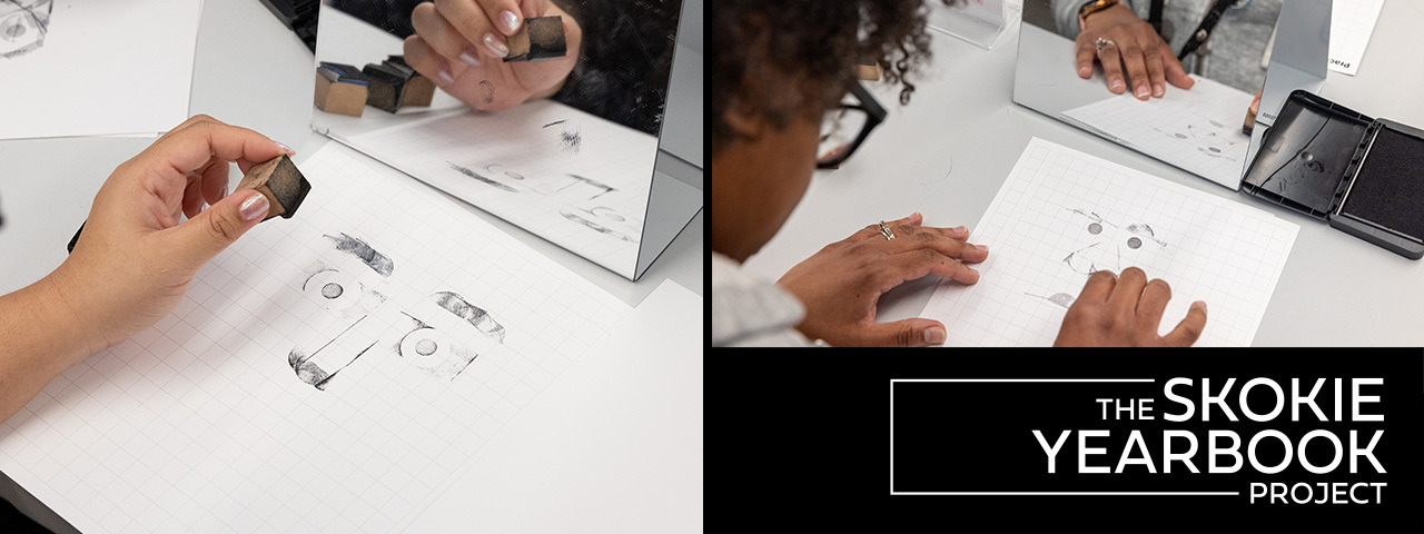 Close up of hands using rubber stamps and black ink to create pictures of faces. Text overlay reads "The Skokie Yearbook Project." Close up of hands using rubber stamps and black ink to create pictures of faces. Text overlay reads "The Skokie Yearbook Project."