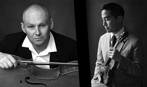 black and white photos of a man holding a cello and another man holding a violin