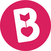 The letter "B" in a pink circle with an arrow, whose point is shaped like a heart, running through it.