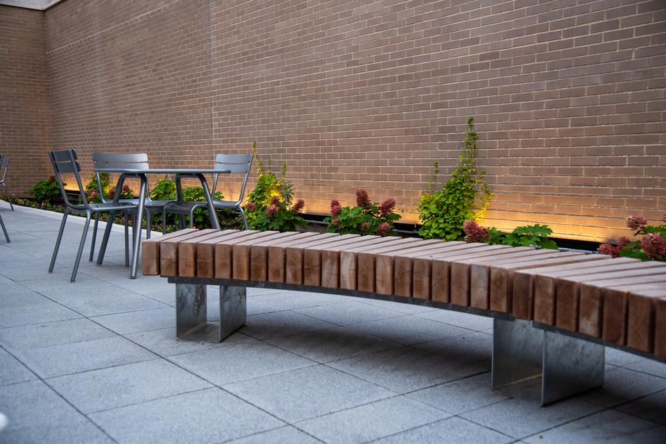 Benches and tables in the South Courtyard.