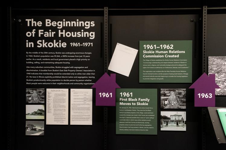 Exhibit labels and a timeline titled The Beginnings of Fair Housing in Skokie 1961-1971