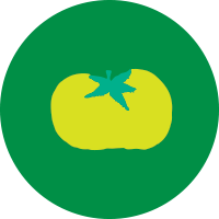 A drawing of a light green tomato on a darker green background in the shape of a circle