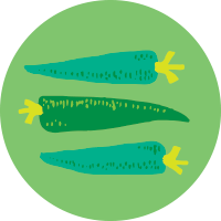 A drawing of three green carrot shapes on a green circle-shaped background