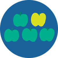 A drawing of four green apples and one yellow apple on a blue circle-shaped background