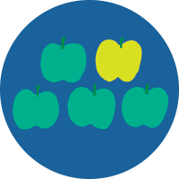 A drawing of four green apples and one yellow apple on a blue circle-shaped background A drawing of four green apples and one yellow apple on a blue circle-shaped background