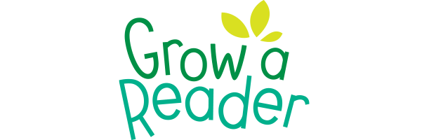 Text reads: "Grow a Reader" in shades of green, with three leaves sprouting above the words