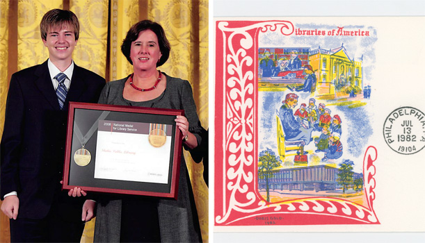 The left image shows former Skokie Public Library director Carolyn Anthony and community member representative Aleks Krapivkin holding up the framed National Medal for Museum and Library Service, which the Skokie Public Library received in 2008. The right image shows a portion of the "Libraries of America" stamp, issued in 1982, which is hand drawn in reds, yellows, blues, and greens, and features a large letter "L", a person reading to children, and the exterior of the Skokie Public Library.