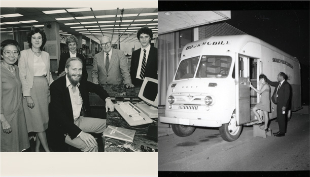 The left image is a black and white photograph from the 1980s showing five standing people and one seated person gathered around a small computer, the first online catalog. Former library director Carolyn Anthony is pictured. They are all smiling at the camera. The right image is an old black and white photograph of a very early model of the Skokie Public Library bookmobile, which two people are pictured entering.