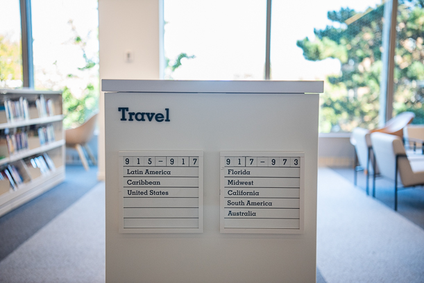 A photo of the end of a bookshelf with a sign that says "Travel" as well as Dewey Decimal System signs denoting different countries that are discussed in the books on that particular shelf.
