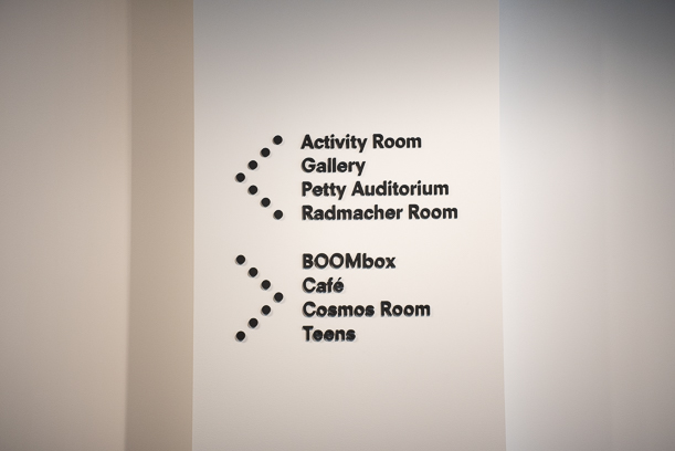 A sign with directional arrows, pointing in two different directions, leading patrons to areas including the Activity Room, the Gallery, the BOOMbox, and the Café.