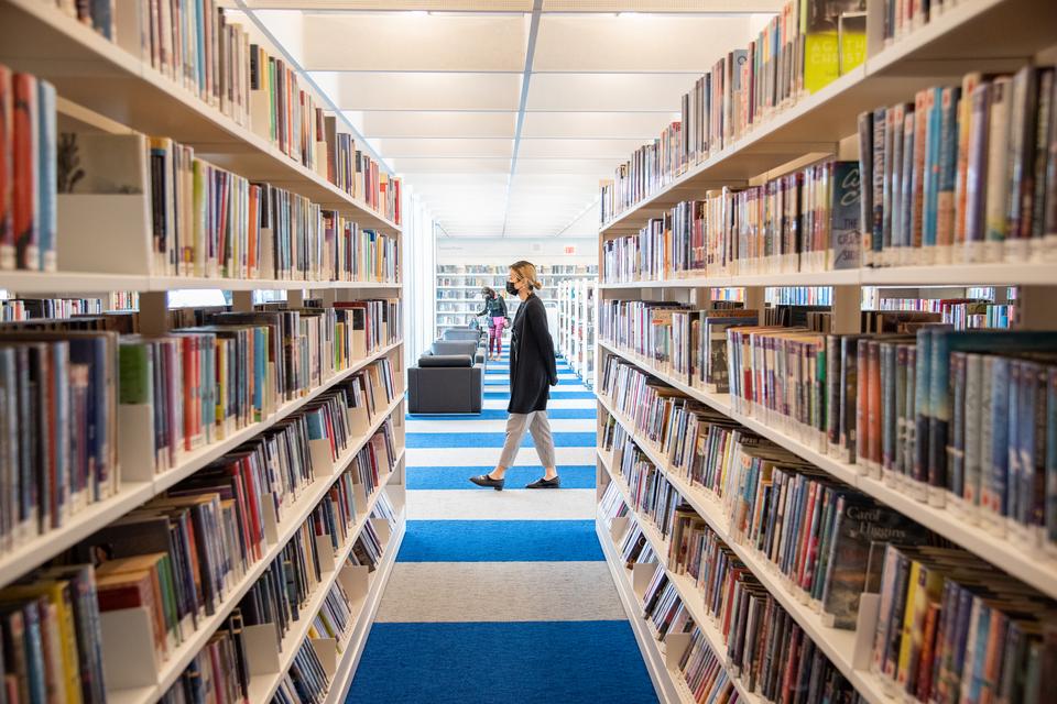 A view between two bookshelves