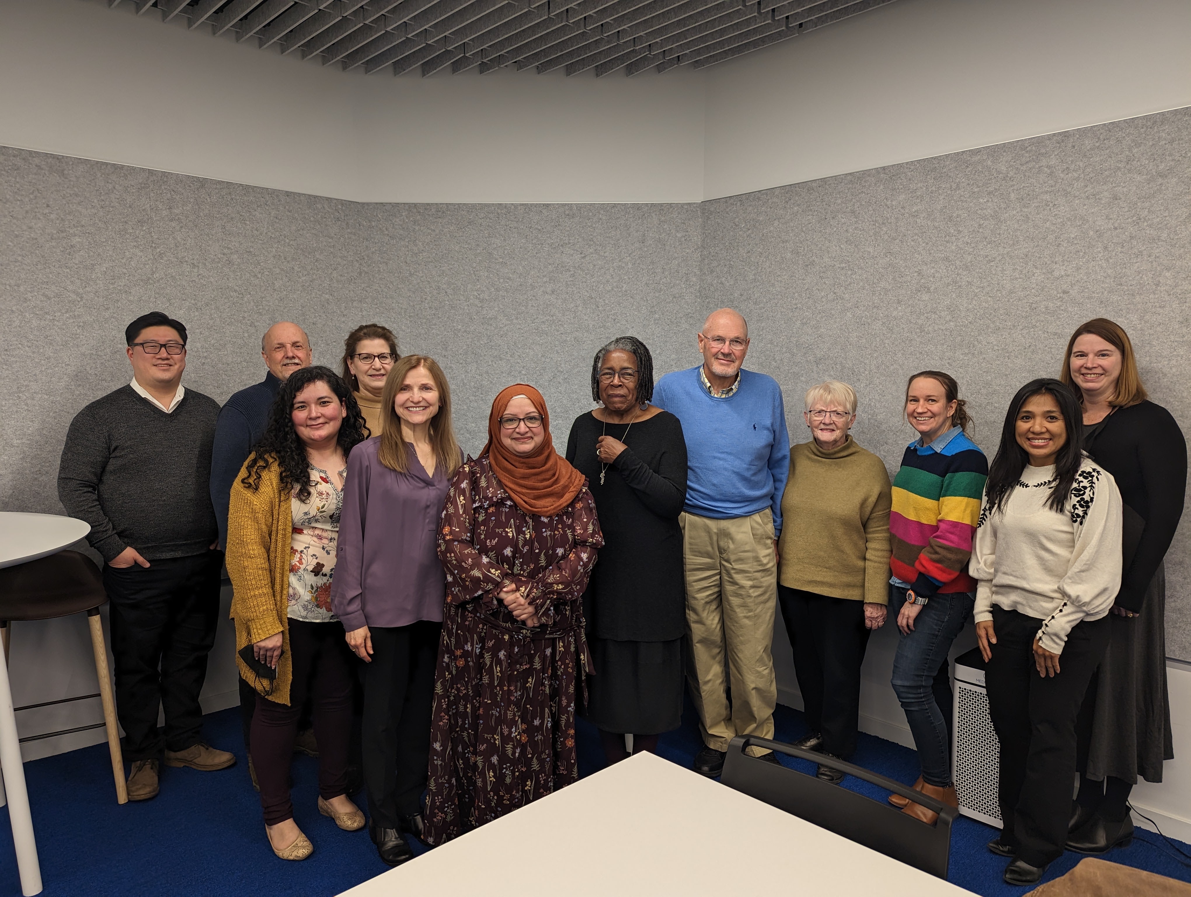 The library Board of Trustees, members of the Administration, and guests. From left to right: Richard Kong, Gene Griffin, Suzy Rodela-Sulik, Blythe Trilling, Mira Barbir, Shabnam Mahmood, Noreen Winningham, Mark Prosperi, Susan Prosperi, Mary Pietrucha, Michelle Julaton Mallari, and Laura McGrath