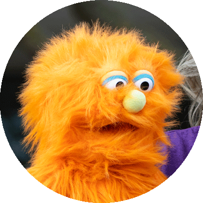 A puppet with shaggy orange fur, a green bulbous nose, and large googly eyes