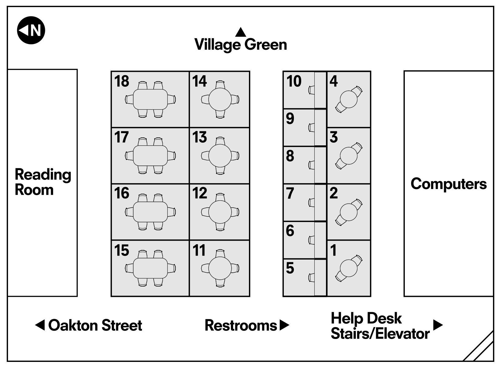 A map of study room locations on the library's second floor