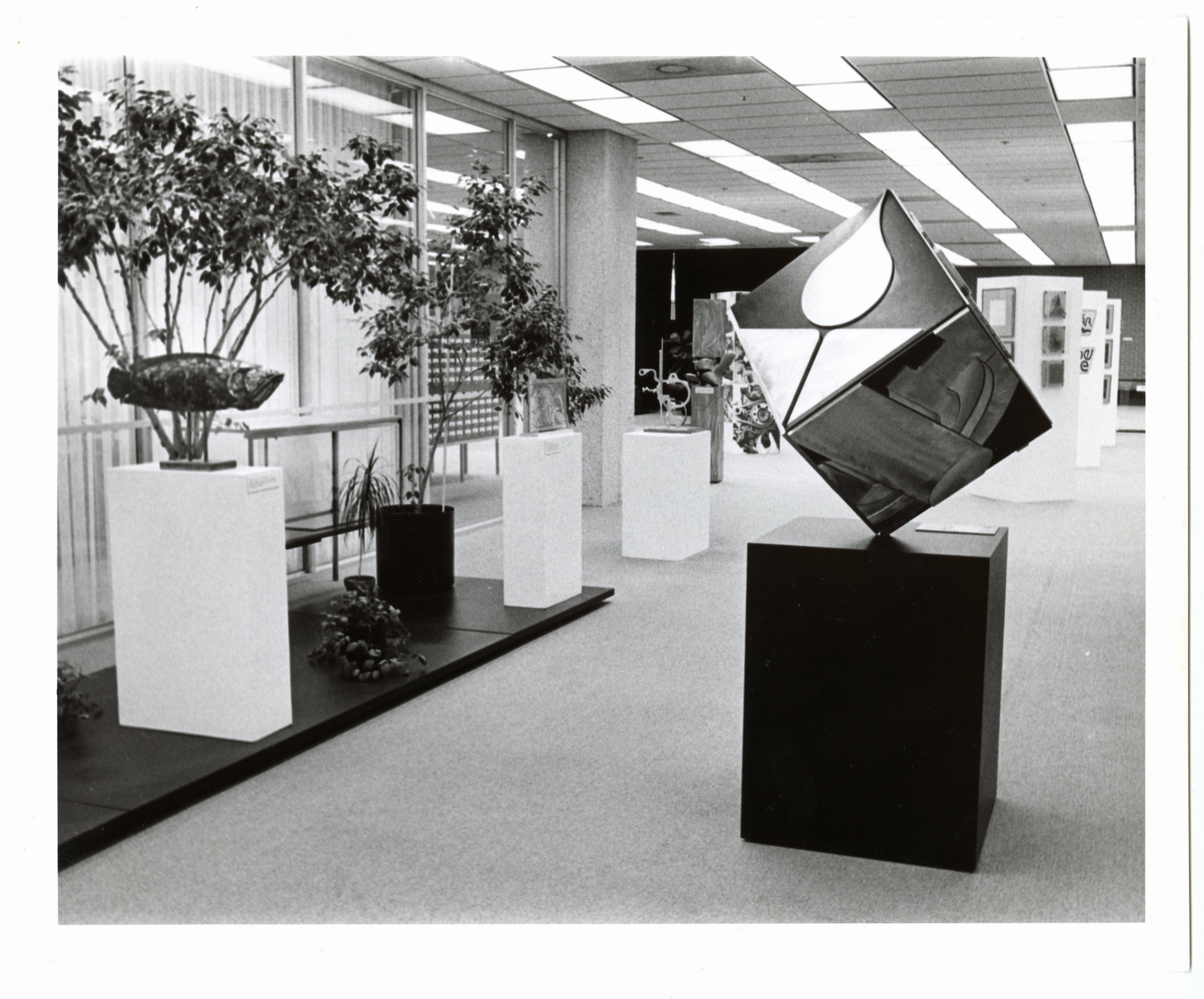 black and white photo of art display at the library