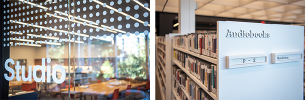 On the left is a photo of the glass outside the Studio, reading "Studio". On the right is a photo of the end of a white bookshelf that reads "Audiobooks".