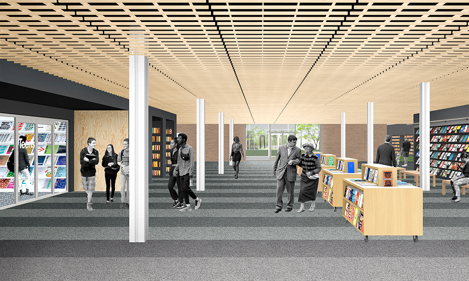 A rendering of the first floor as you walk east from the main entrance.