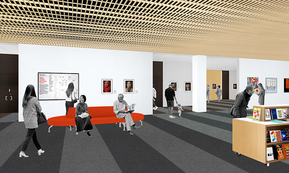 A rendering of the lobby and gallery areas outside the auditorium and program room.