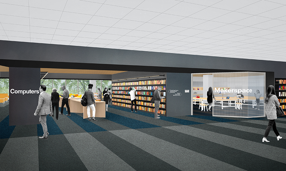A rendering of the second floor learning and tech space.