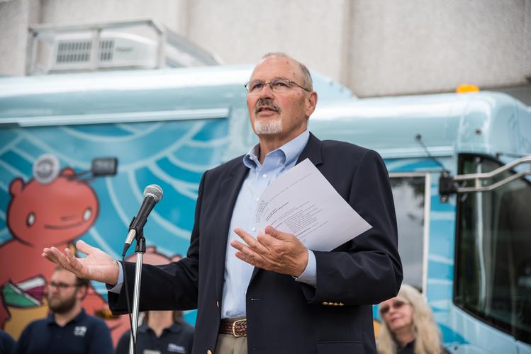 Mark Prosperi speaks at the 2016 dedication ceremony for the bookmobile.