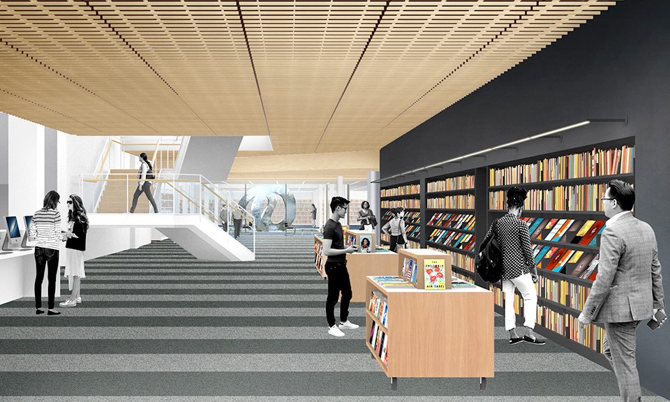 A rendering of the staircase and view from the east entrance.